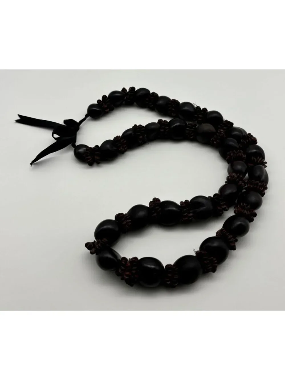 Vintage Hawaiian Lei Kukui Nut And Seeds Necklace With Ribbon Closure, Hand-Made - Picture 11 of 16
